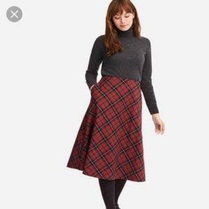 Uniqlo check flared high waisted red skirt
